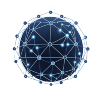 glowing blue sphere with interconnected nodes and lines represents global network or digital communication system, symbolizing connectivity and technology png