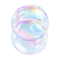 pair of iridescent soap bubbles float against transparent background, displaying spectrum of colors. delicate and translucent nature of bubbles creates whimsical and dreamy effect png