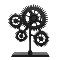 set of interconnected black gears is displayed on stand, showcasing mechanical engineering and industrial design. gears are intricately arranged, symbolizing teamwork and precision png