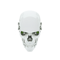 futuristic white robotic skull with visible internal mechanisms and green accents, showcasing advanced technology and innovation. design is sleek and minimalistic, evoking sense of modernity png