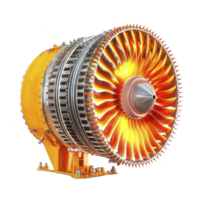 large, detailed jet engine with vibrant orange and silver components, showcasing intricate turbine blades and mechanical parts, is displayed against transparency background png
