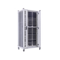large, metallic server rack filled with multiple servers is shown, featuring mesh door for ventilation. rack is on wheels for mobility, suitable for data centers or IT environments png