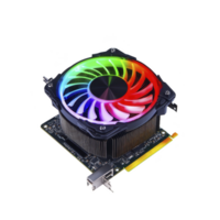 colorful RGB cooling fan is mounted on computer graphics card, showcasing vibrant LED lights. fan is designed for efficient heat dissipation, enhancing performance of graphics card png