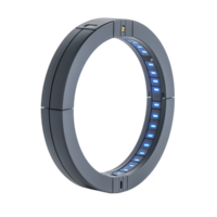 This features sleek, futuristic ring with glowing blue lights, suggesting advanced technology or sci fi theme. design is minimalistic and modern, evoking sense of innovation and sophistication png