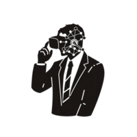 person in suit wearing virtual reality goggles with network pattern on their face symbolizes integration of technology and human interaction png
