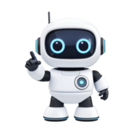 cute robot with white body and blue accents is standing with one finger raised, suggesting idea or instruction. robot has friendly expression with large blue eyes png