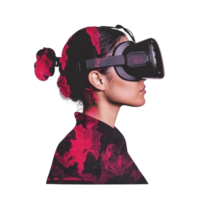 person wearing virtual reality headset is immersed in digital experience, with vibrant red and black abstract elements surrounding them, creating futuristic and dynamic atmosphere png
