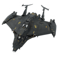 sleek, futuristic black spaceship with intricate yellow detailing and multiple engines, designed for space exploration and combat. Its angular design suggests advanced technology and speed png