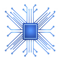 glowing blue microchip with intricate circuit lines radiating outward symbolizes advanced technology and connectivity. design highlights innovation and digital communication png