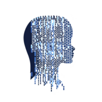 digital silhouette of human head composed of blue and black rectangular pixels, symbolizing technology and artificial intelligence. fragmented design conveys futuristic and innovative feel png