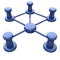 blue 3D network diagram features interconnected nodes, symbolizing connectivity and communication. central node connects to four surrounding nodes, illustrating hub and spoke model png