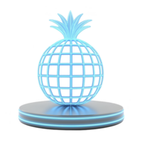 glowing neon pineapple sculpture stands on circular platform, radiating futuristic and artistic vibe. grid like structure and vibrant blue hue create striking visual effect png