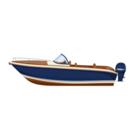 sleek blue and wooden motorboat with modern design and outboard engine, perfect for leisure and adventure on water. boat features streamlined shape and comfortable seating png