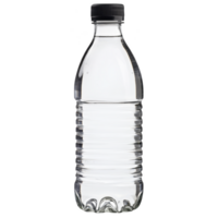 clear plastic water bottle with black cap stands upright, showcasing its simple and functional design. bottle is empty, highlighting its transparency and subtle texture of its surface png