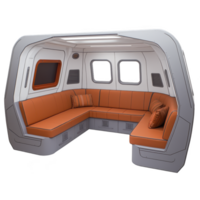 futuristic, cozy seating area with orange cushions and pillows is set within sleek, modern interior. design features large windows and minimalist aesthetic, creating comfortable and inviting space png