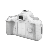 3D wireframe model of digital camera showcasing intricate details and design elements, highlighting structure and layout of buttons and screen. model is rendered in monochrome style png