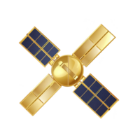 golden satellite with solar panels is depicted, showcasing futuristic design. satellite metallic finish and symmetrical structure highlight its advanced technology and space exploration purpose png