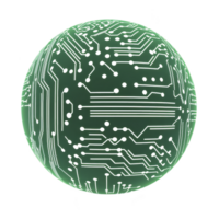 green sphere with intricate circuit patterns symbolizes technology and innovation, evoking futuristic and digital world. design suggests connectivity and advanced electronics png