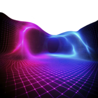 vibrant digital landscape features dynamic grid with neon pink and blue lights, creating futuristic and immersive atmosphere. glowing lines form tunnel like structure, evoking sense of depth png