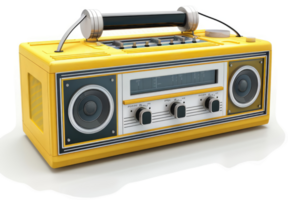 Retro-styled yellow portable radio with vintage controls. png