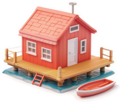 Colorful wooden house on a floating dock by the water. png
