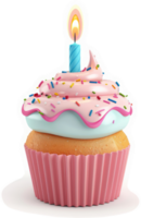 Delicious pink cupcake with frosting and candle. png