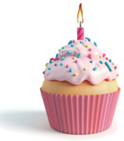 Pink frosted cupcake with colorful sprinkles and a lit candle. png