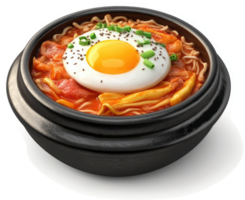 Spicy ramen with bacon and egg in a traditional pot. png