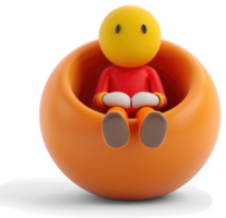 Smiling figure relaxes in a comfy orange chair while reading. png