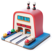 Cartoonish bowling alley structure with bowling pins and balls. png