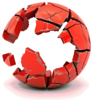 A fractured red sphere illustrates fragility and disintegration. png