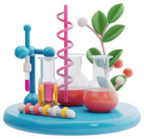 Colorful laboratory equipment and botanical elements arranged on a circular stand. png