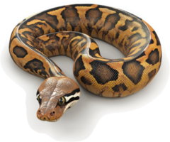 A curled ball python displays intricate patterns and colors. png