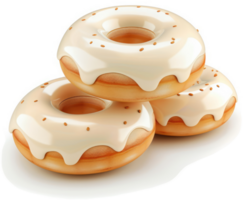 Three glazed donuts stacked high, glistening with white icing. png