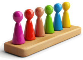 Colorful game pieces in a horizontal row on a wooden base. png