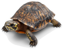A patterned eastern box turtle rests on a plain surface. png