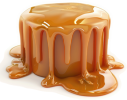 Melted caramel topping drips from a round confection. png