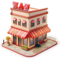 Retro-style building with a 777 sign depicts a stylized casino. png