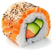 Colorful salmon sushi roll with avocado and crab. png