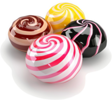 Four colorful spiral-patterned candies arranged closely. png