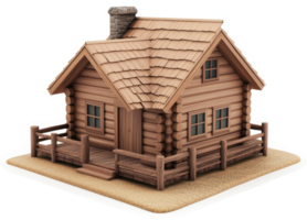 Rustic log cabin resting on a sandy plot. png