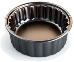 Empty dark metal round tart pan with fluted edges. png