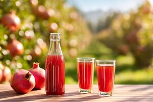 Pomegranate juice in a glass bottle and glasses on a wooden table with a pomegranate orchard in the background photo