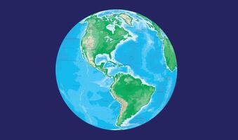 Detailed globe view showing the Americas against a deep blue background. The Earth is depicted with green continents, blue oceans, and visible topographical features. vector