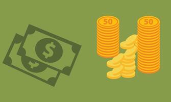 Flat design illustration of money bills and gold coins, representing wealth, savings, finance, and economic value in a clean, modern, and minimal financial concept layout. vector