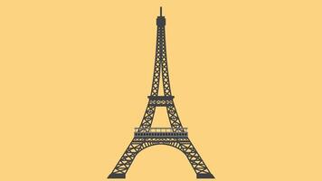 Stylized illustration of the Eiffel Tower on a golden yellow background. The iconic Parisian landmark is depicted in dark gray silhouette with detailed lattice structure and observation decks. vector