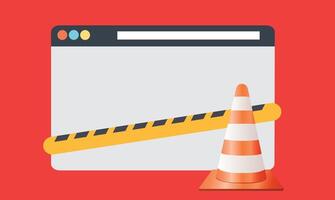 Flat design illustration of a website browser under maintenance, featuring tools, gears, and a web interface, symbolizing technical updates, development, and system repair in a clean modern style. vector