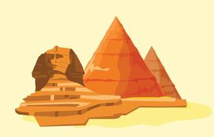 Flat design illustration of the Pyramids and Sphinx in the desert, showcasing iconic ancient landmarks with sand dunes and clear skies, symbolizing history, culture, and Egyptian heritage. vector