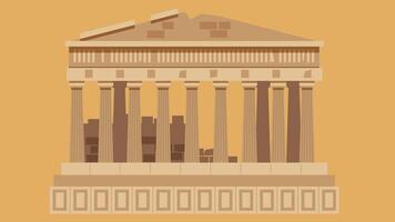 Stylized illustration of the Parthenon temple on an orange background. Ancient Greek architecture with iconic columns and triangular pediment in beige and brown tones. vector