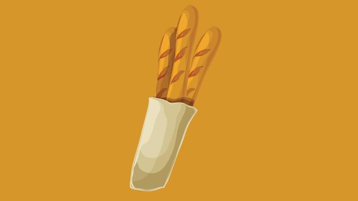 Illustration of a French baguette bread partially wrapped in a paper bag, showcasing its crispy golden crust and long, slender shape, symbolizing traditional French baking